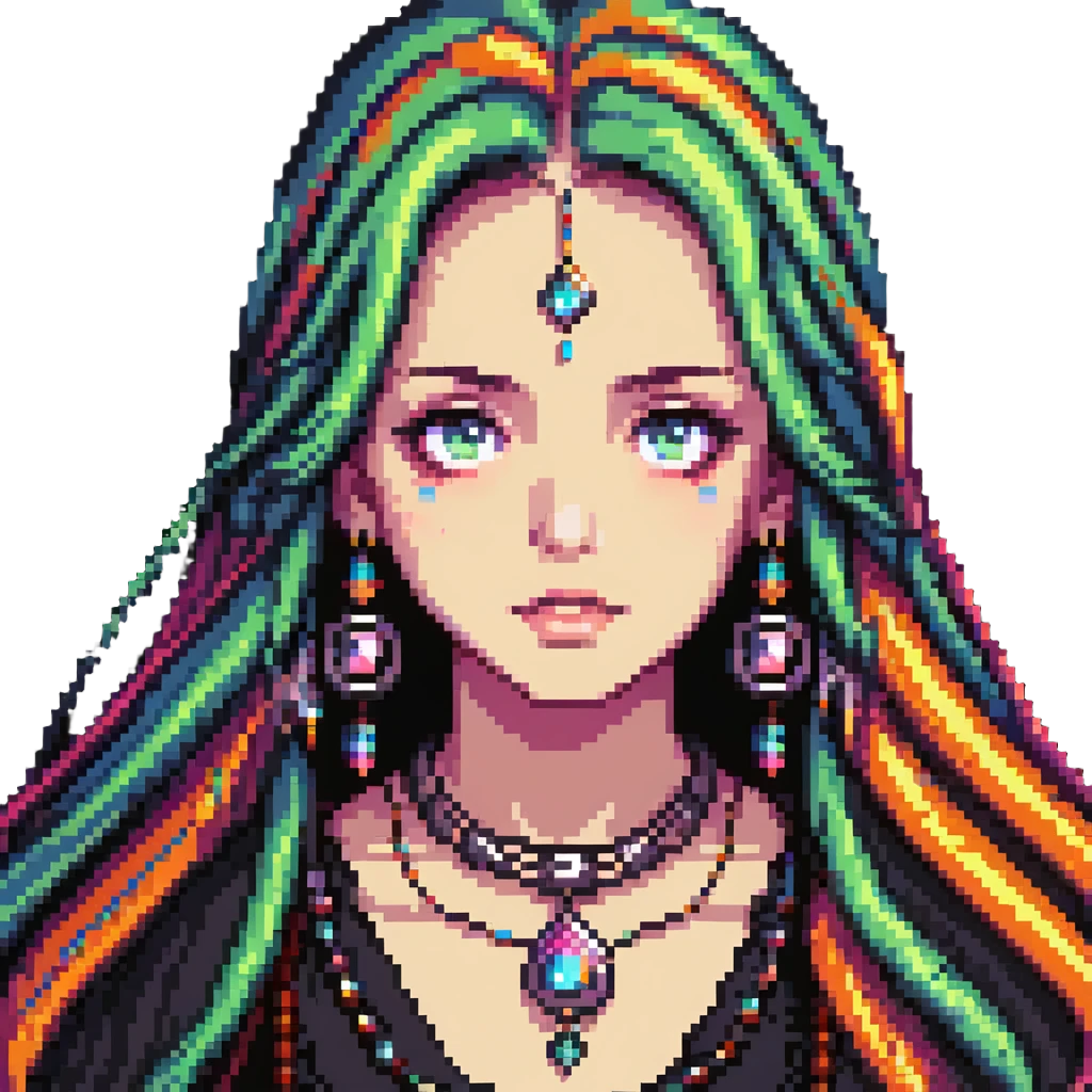 Beautiful girl with metal jewelry, colorful, long hair, dreamy expression emoji