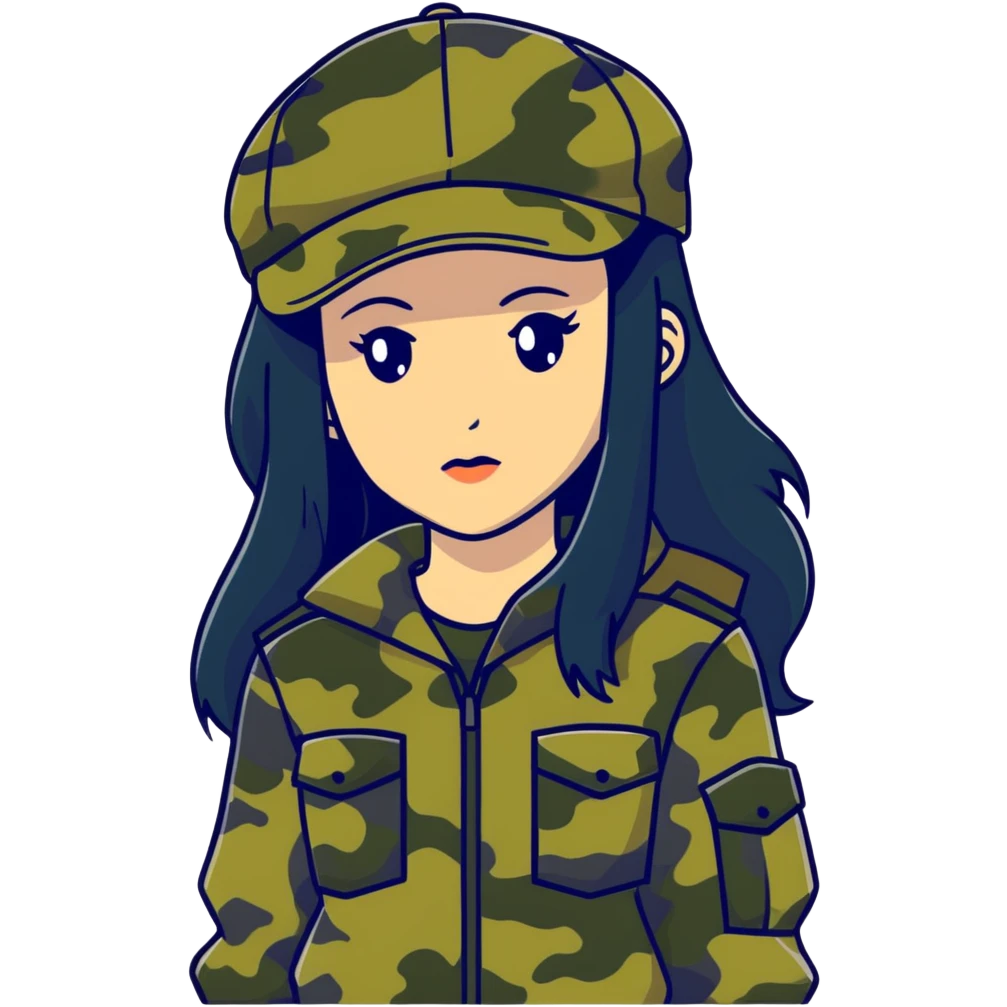 woman with long black hair in camouflage outfit wearing IC daddy cap emoji