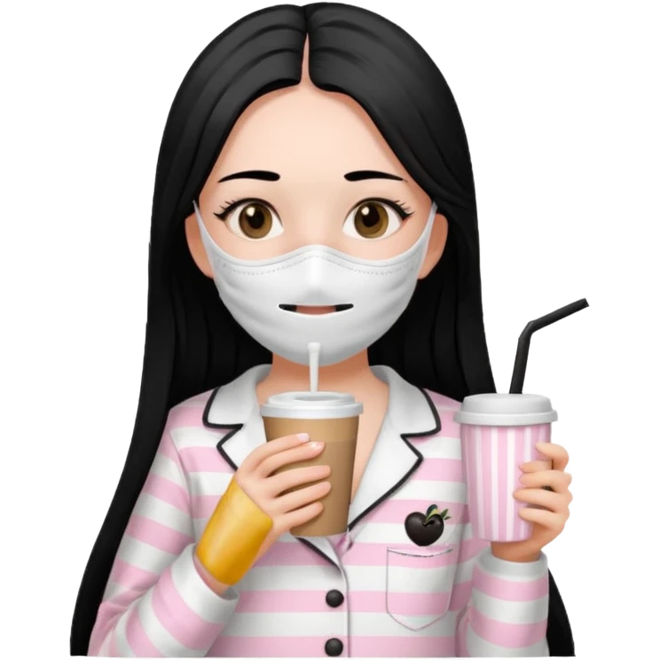 chica de pelo lacio color negro cabellera larga piyama blanca con rayas rosa claras peo no tan claras no oscuras el bordado es negro al igual que los botones )tiene una mascarilla para la carablanca y sostiene y cafe con bolitas nedras al dondo con unsorbete tranparente y es de test blanca  emoji