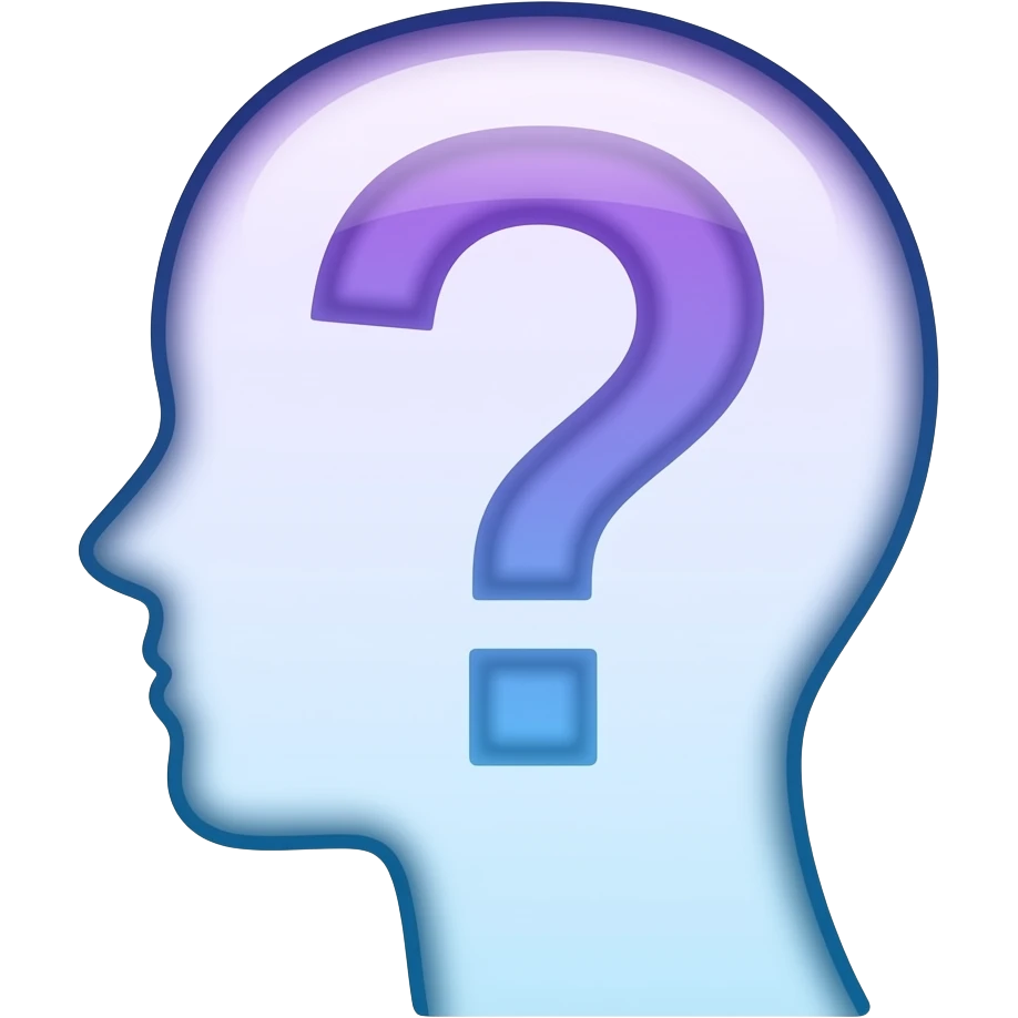 Minimalist flat design icon of a human head silhouette with a question mark inside, clean lines, modern vector style, soft gradient (purple and blue), no text emoji