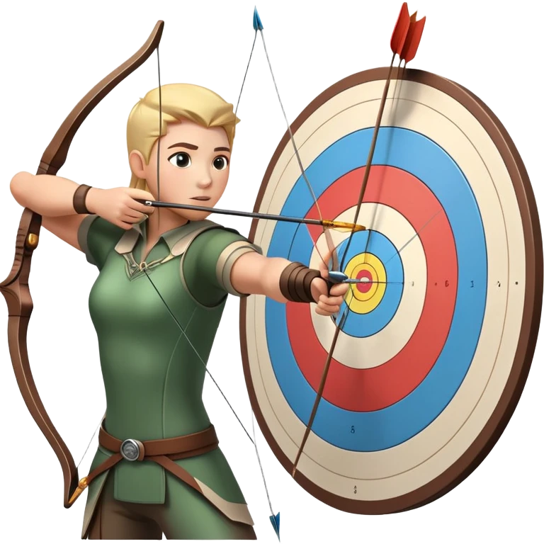An archer drawing a bow and aiming an arrow at a target, with perfect focus and precision. The target is visible in the background, featuring concentric rings. The scene captures the concentration and skill involved in archery, emphasizing the elegance and accuracy of the sport. emoji