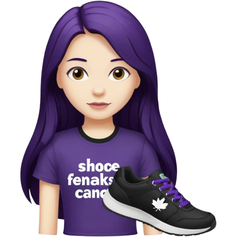 Girl with dark purple long hair black tshirt "shoe freaks canada " in white letters emoji