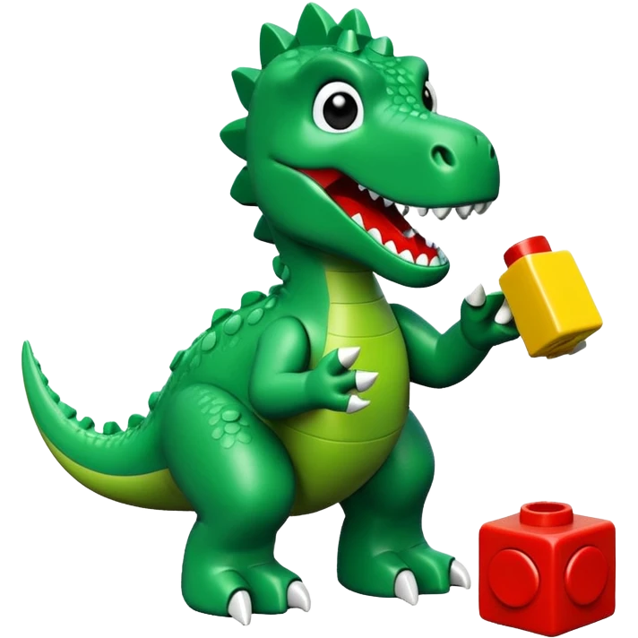 A green dinosaur playing with LEGO emoji