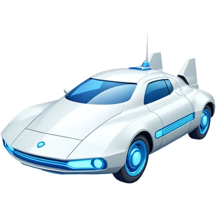 Futuristic retro hover car with angular design and glowing blue wheels, flat vector style, minimal color palette with blue highlights emoji