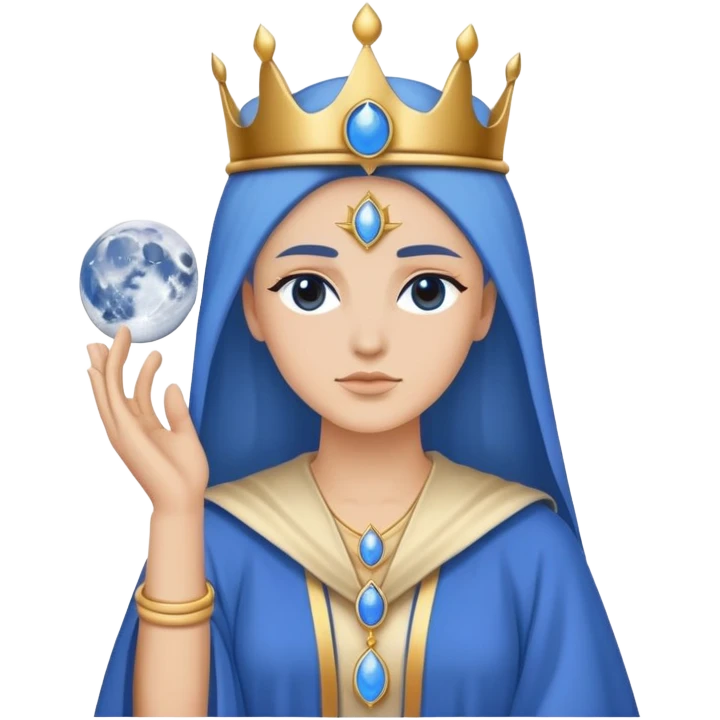 High Priestess tarot card with moon crown, blue robes, minimalist iPhone emoji style emoji