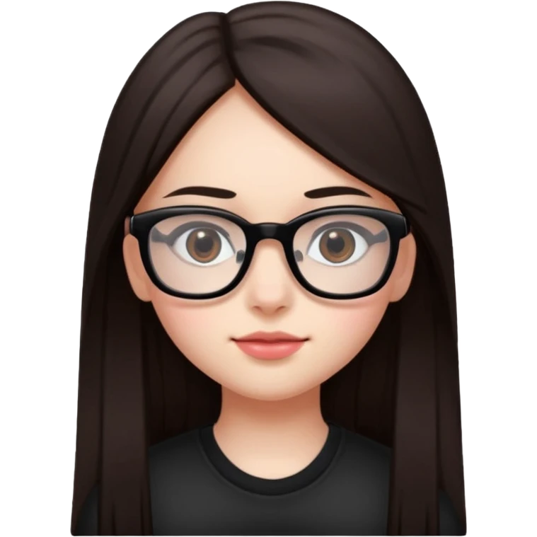 une ado, brune aux cheuveux tres fonces longs lisses blanche, ,lunettes carres noires, yeux bruns fonces joues rose emoji