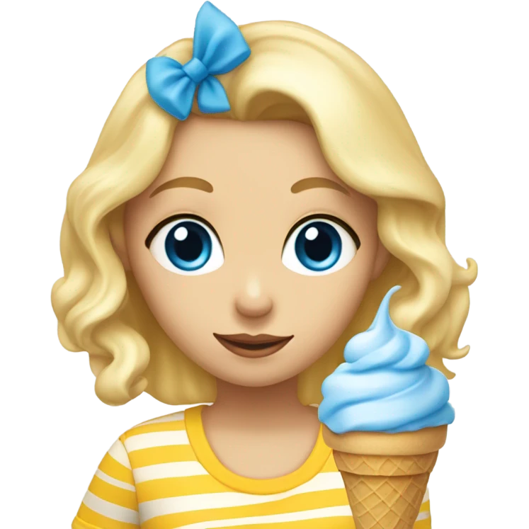 Girl with blonde hair, blue eyes, yellow striped shirt, holding vanilla ice cream cone emoji