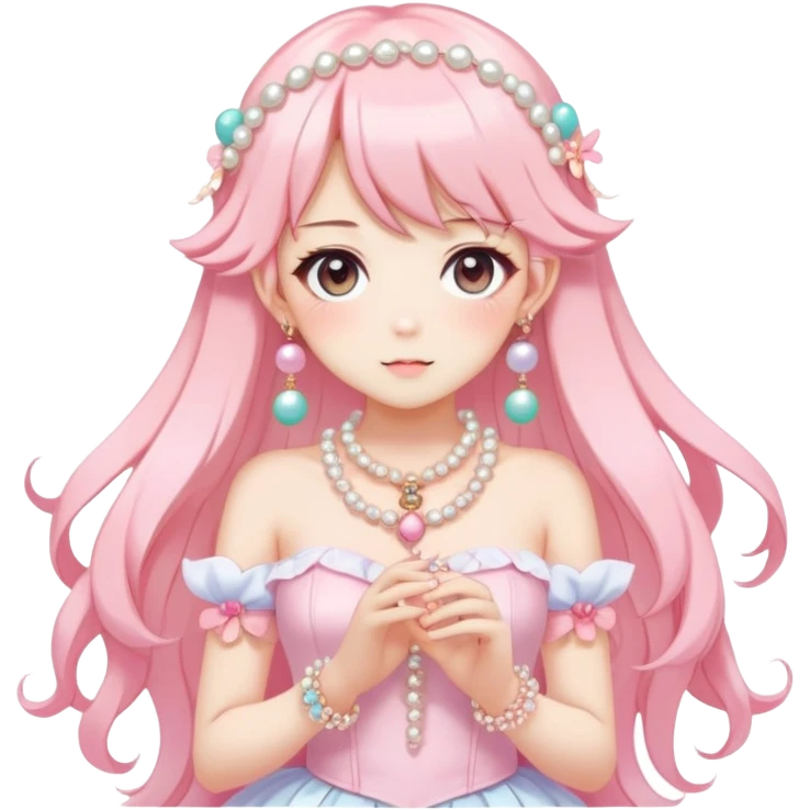 Gorgeous anime style-Ladies-Full body shot-Blush-Full accessories-House core-Fairy core-Kawaii anime-Colorful-Pearls-Romantic-Aesthetic pop style emoji