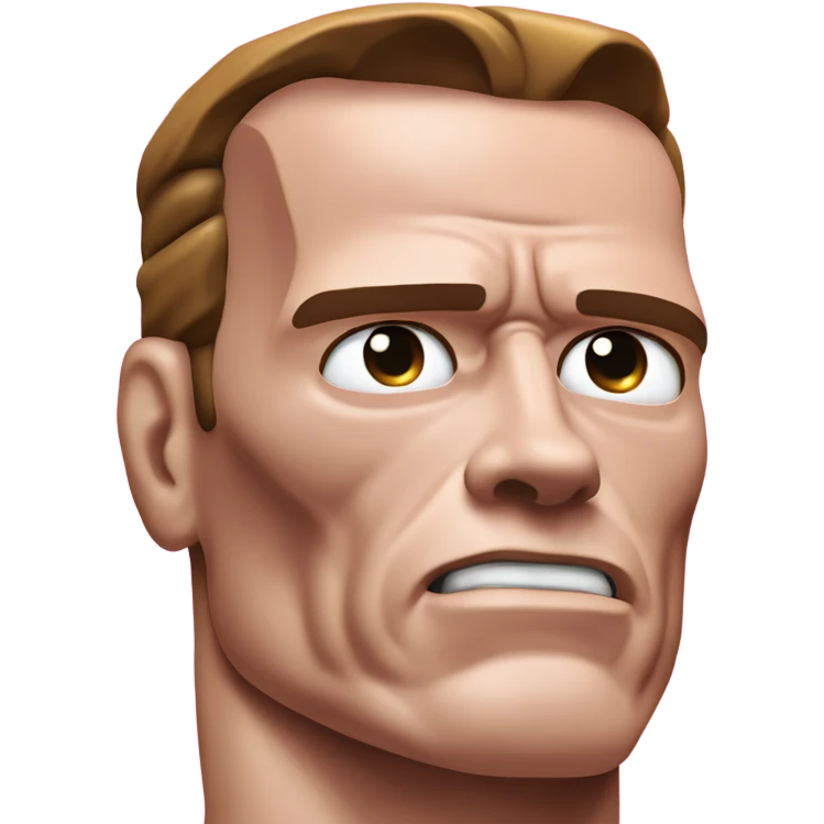 Upper body of a Terminator resembling Schwarzenegger, dressed entirely in pink, with a more human appearance and minimal robotic details. Ensure visible, realistic tears rolling down his cheeks, emphasizing the crying emotion. emoji