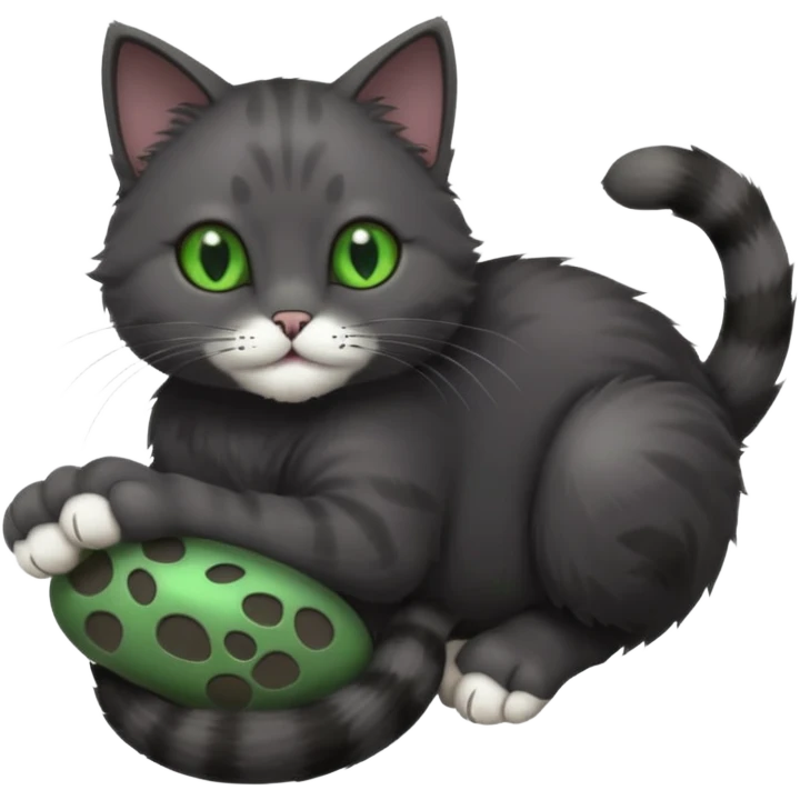 solid dark grey cat with green eyes, completely solid grey face, white toes/paws playfully rolling upside down emoji