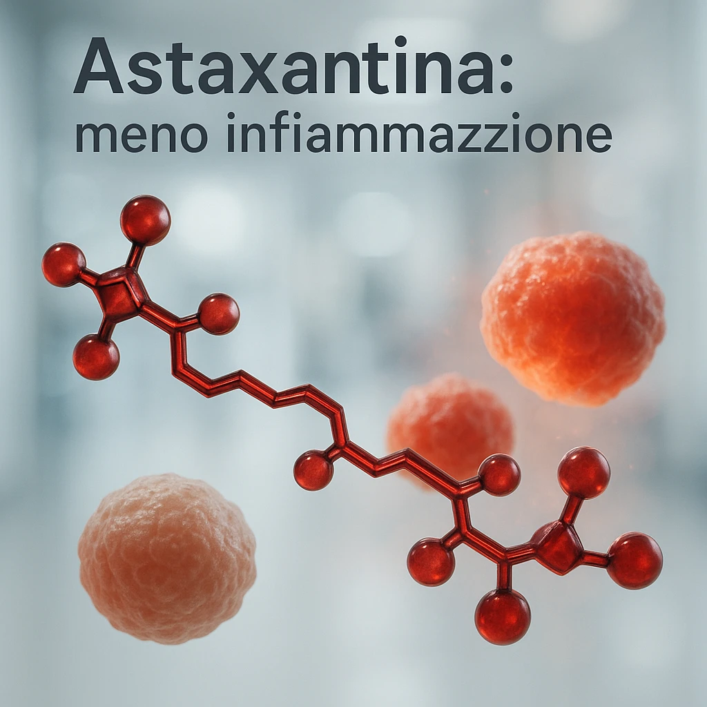 hyper realistic red astaxanthin molecule reducing inflammation, calming inflamed cells, clinical atmosphere, realistic details, text 'Astaxantina: meno infiammazione' emoji