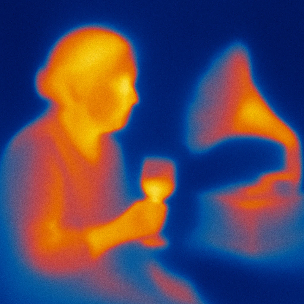 old lady with wineglass listening to gramophone emoji