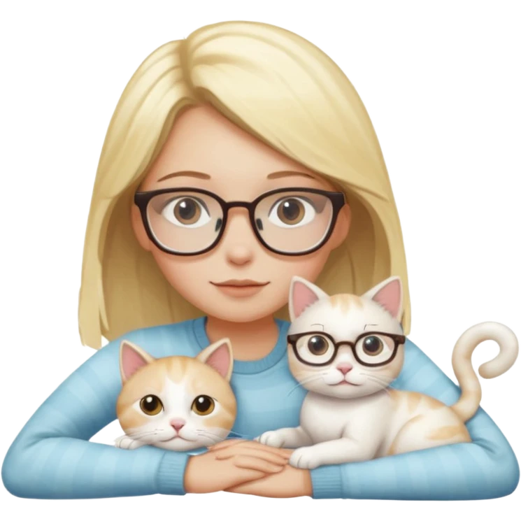 A blond haired girl with glasses laying with her white cat with a few light brown spots emoji