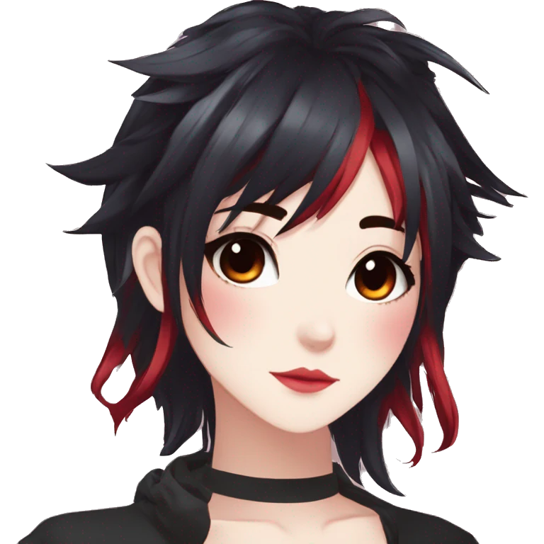 Gorgeous anime style lady with blushing face aesthetic and pretty edgy black red punk hair with hair garment trending style emoji