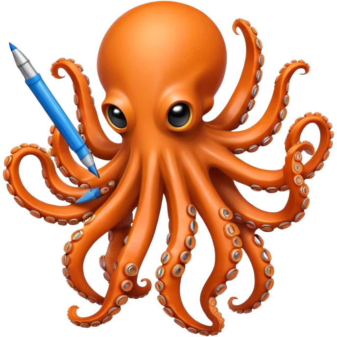 Friendly orange octopus robot holding 8 pens emoji