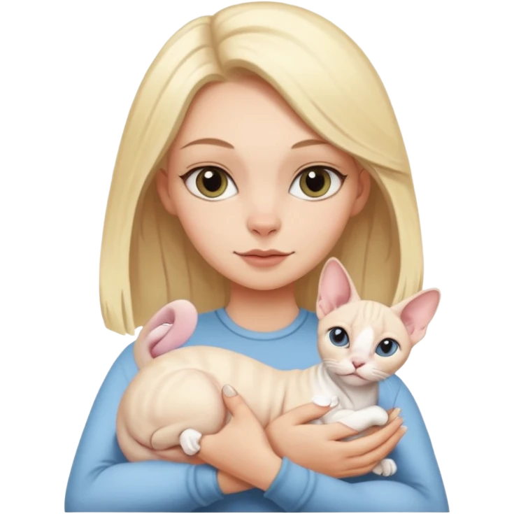 A white girl with blonde hair is holding a white Sphynx cat in her arms emoji