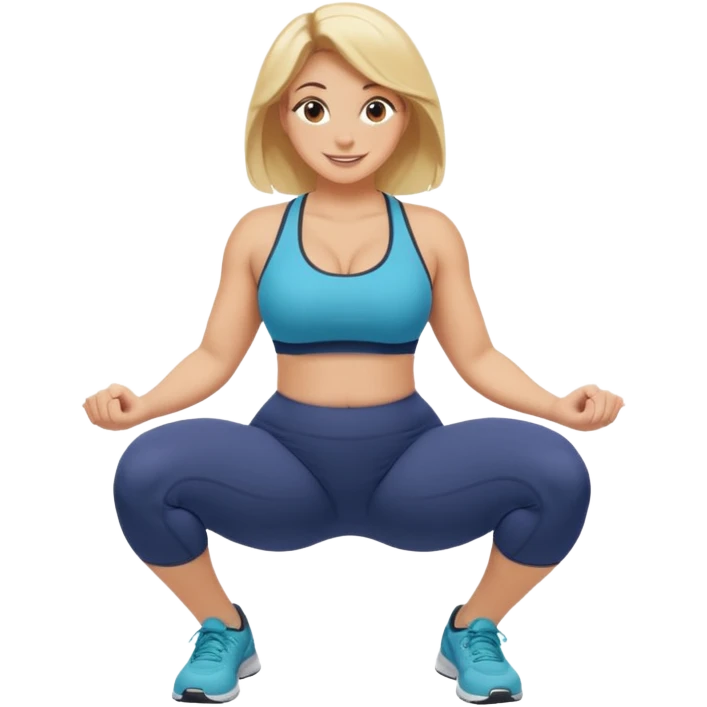 fullbody curvy blonde fitness trainer, back view, squatting on her feet, SFW, athletic, smiling, no explicit content emoji