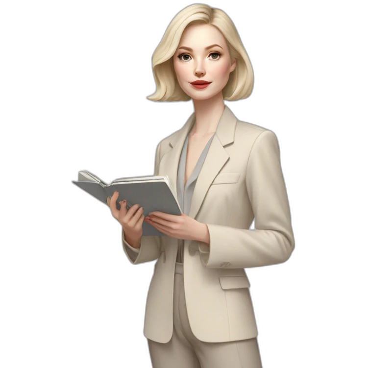 pale skin woman with ash blonde Straightened bob Hair, White Spacious classical jacket, beige palazzo Arrow pants and gray blouse holding RAL colour palette in the hands emoji