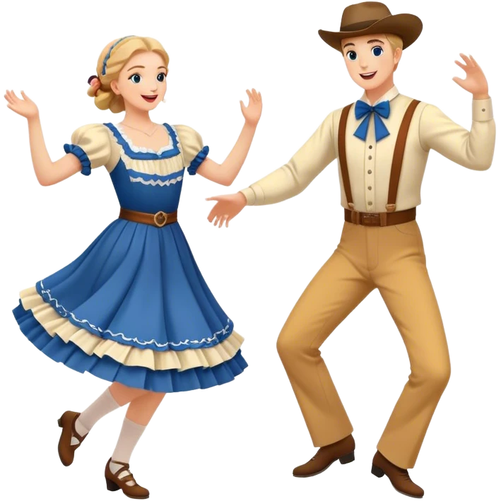 Cinematic Realistic scene of two square dancers in traditional American folk costumes, captured in joyful, coordinated motion with vibrant, rustic lighting that highlights their cultural heritage emoji