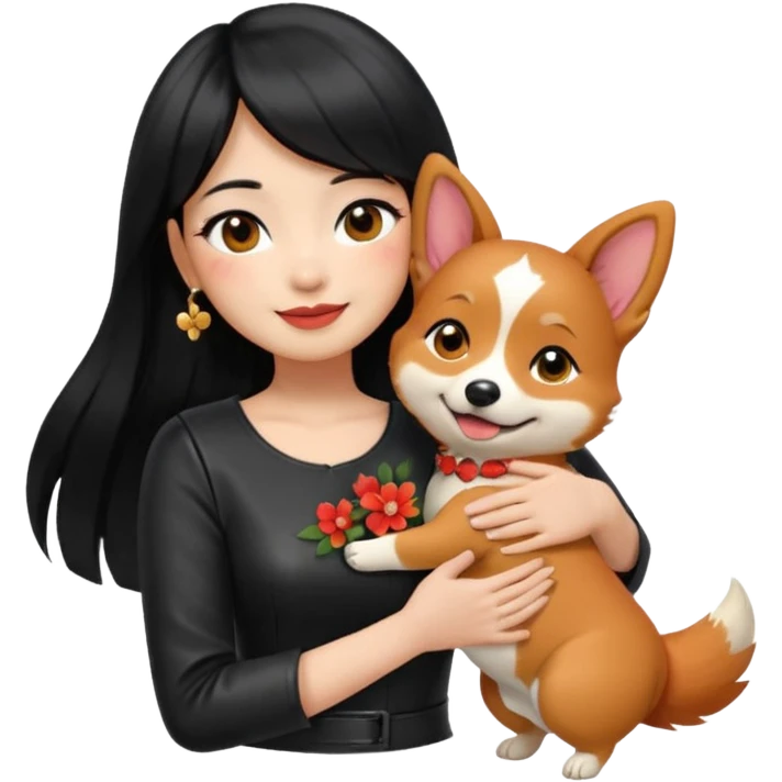 apple-style emoji of an Asian girl with long hair and wispy bangs, black leather dress, gold earrings, subtle false lashes, and a 3/4 sleeve tattoo with flowers on her left arm, hugging a cheerful red head tri-color corgi, simplified, emoji-like emoji