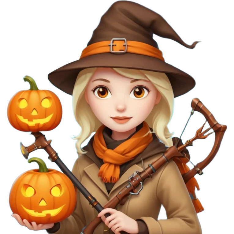 female human monster hunter emoji, wearing brown coat and hat, holding crossbow, soft smile, scarf, glowing pumpkin by her side, Halloween fantasy style, clean vector Apple emoji look, bright colors, white background, square emoji