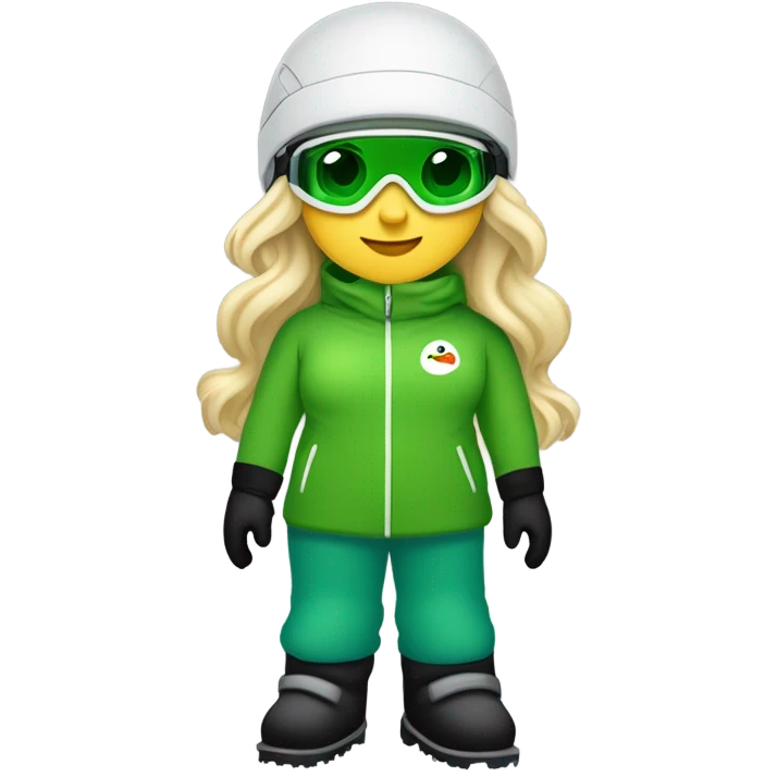 Green-eyed, fat female skier with medium-length straight blonde hair not plaited, snow goggles on helmet, white ski helmet, gray snow jacket, green ski gloves, long black pants rolled up at the bottom, black only snow boots standing tall. emoji