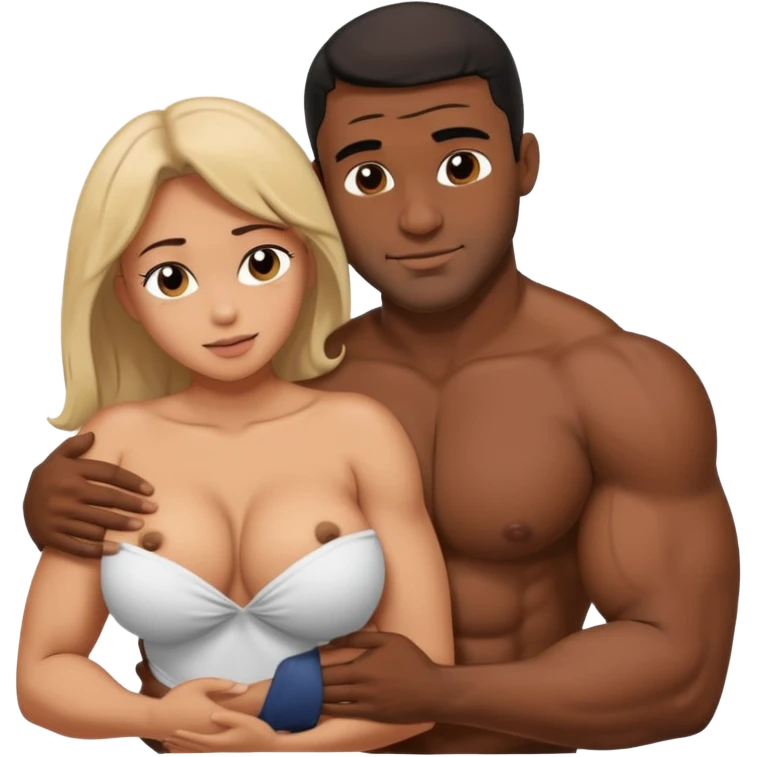 nude woman with bigger breasts being hugged from behind by nude muscular black man squeezing her breasts emoji
