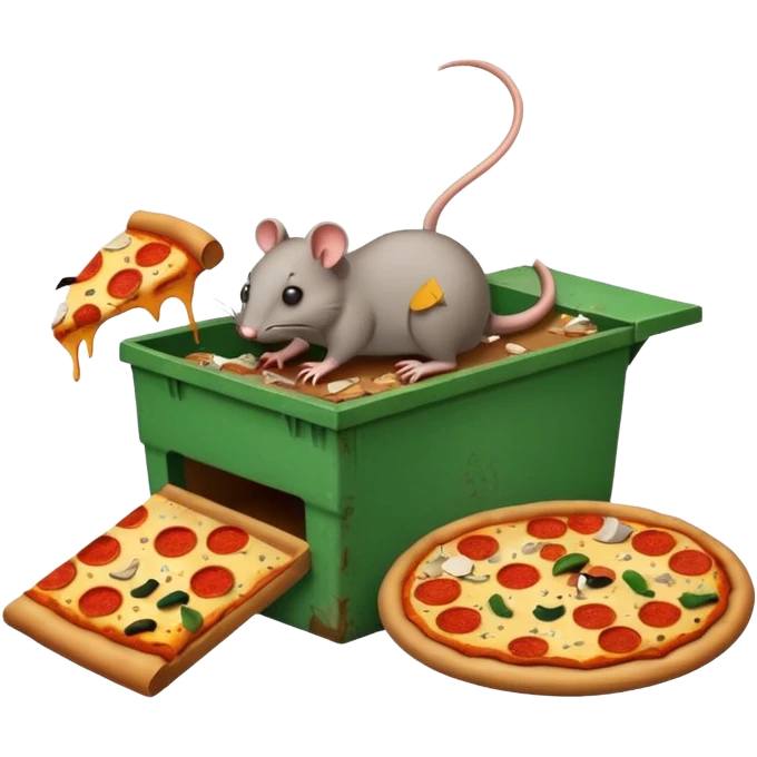 emoji-style icon of a pizza restaurant with a pizza sign, a big rat dragging trash out of an overflowing dumpster, garbage and food scraps scattered, dirty and gross, clear at small size, no text emoji
