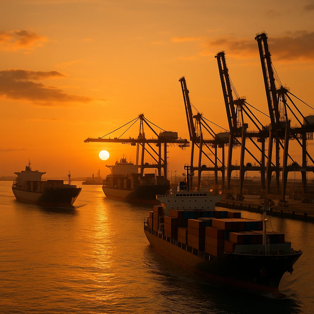 photorealistic port at sunset, warm lighting, cargo ships emoji