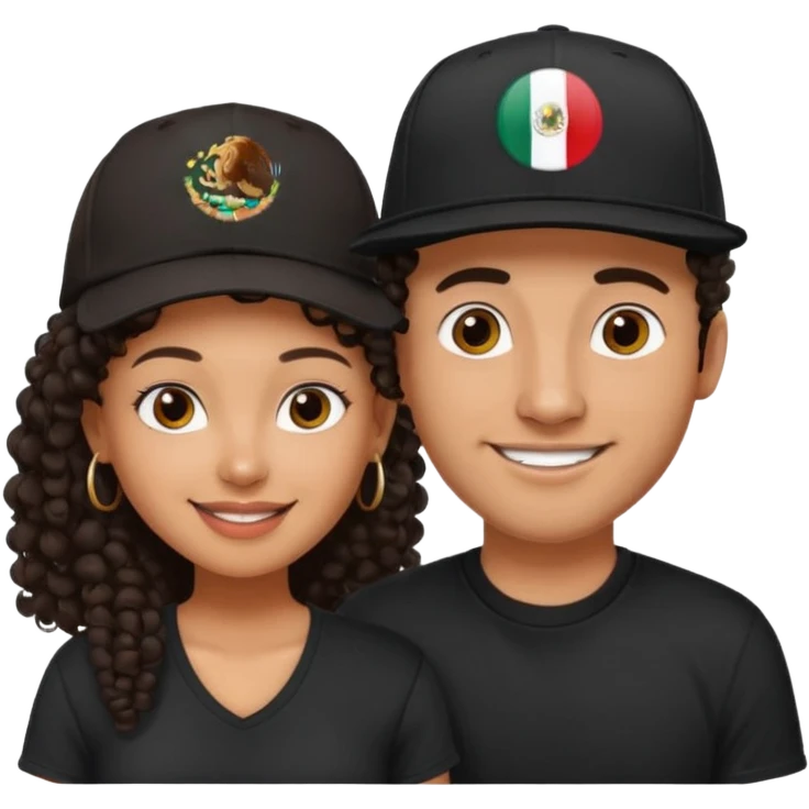 A picture of a cute tanned couple. the man is Mexican, with a bald hair cut wearing a SnapBack hat and a black shirt. the woman is mixed, she has curly longer dark brown hair, thicker and with big boobs  emoji