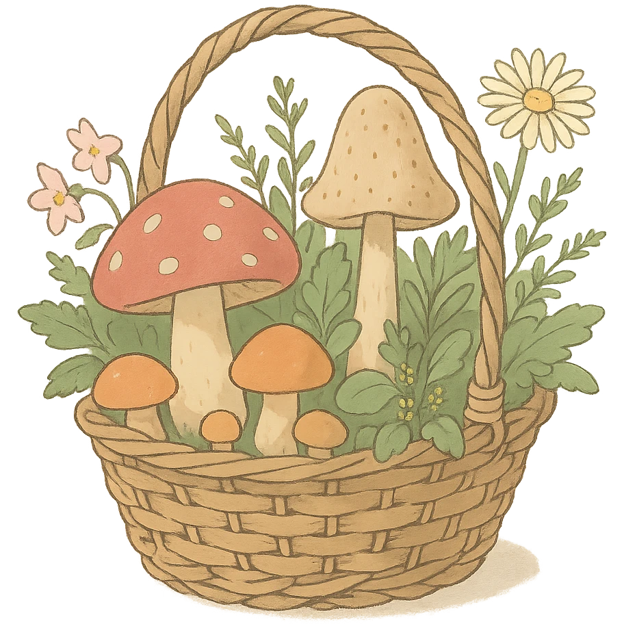 basket full of forest goodies with mushrooms, herbs, flowers in soft pastel colors, soft Ghibli style emoji