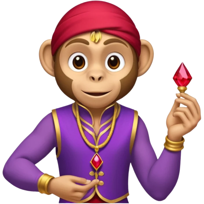 Monkey with a long tail wearing a purple vest holding a red gem from Aladdin emoji