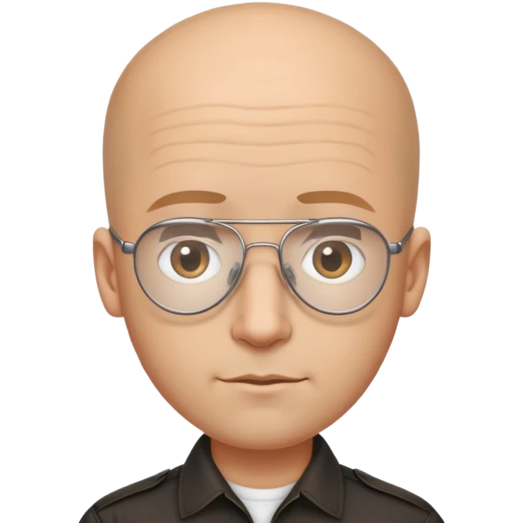 Oval-faced man with large forehead, aviator glasses, completely bald sides with extremely short dark curly hair only on crown, light brown skin, friendly neutral expression, black shirt emoji