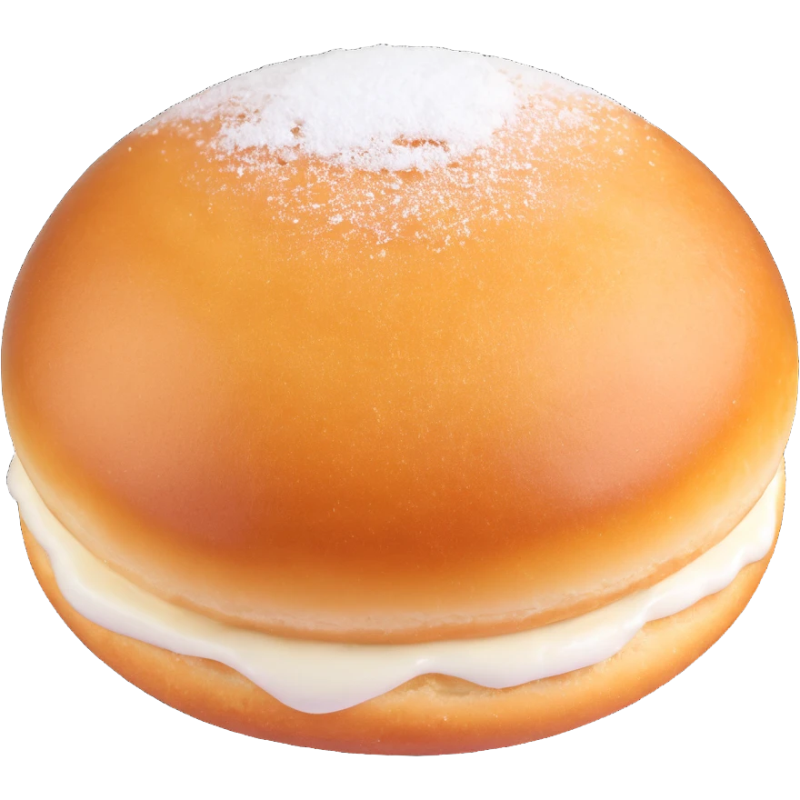 a single Berliner Krapfen, round, golden-brown, no hole, generously dusted with powdered sugar, with visible jam filling emoji