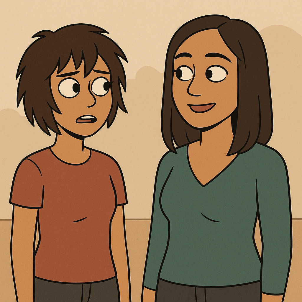 dos chicas, una con pelo corto desmechado en capas hasta la barbilla, castaña, piel morena; la otra con pelo lacio hasta el hombro, castaña, piel morena, estilo flat-toon emoji