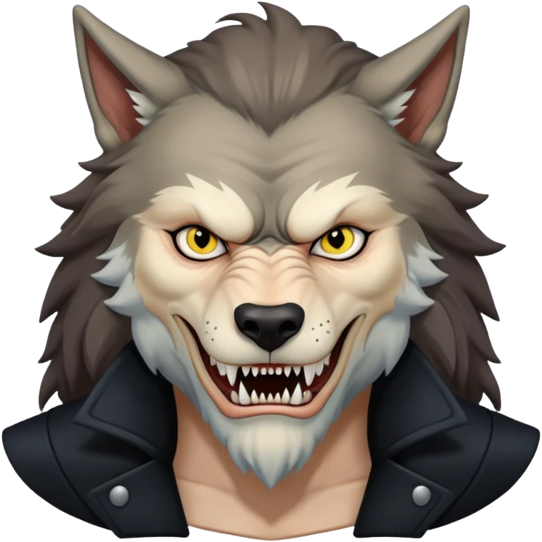 Fenrir Greyback in harry potter, black open chest coat, wolf face, bared teeth emoji