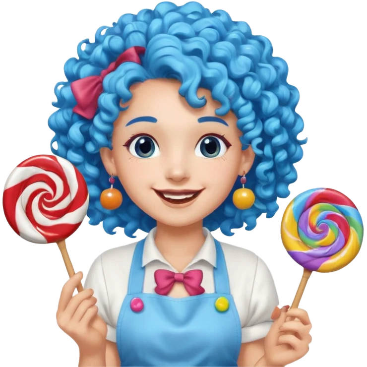 candy shop vendor, looking like candy with candy earrings and candy hair with big smile and blue curly hair emoji