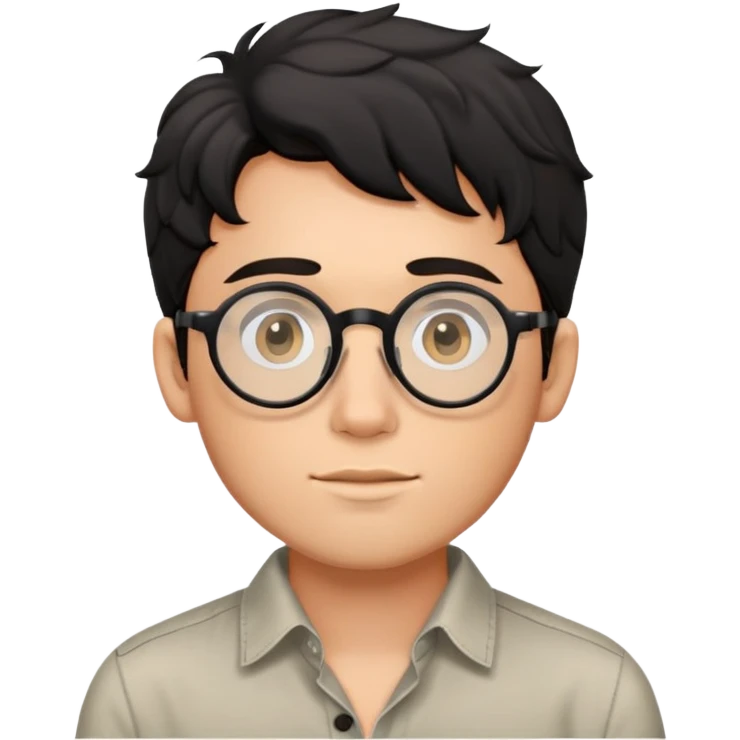 Torso view of young man with black wavy hair, round glasses, casual buttoned shirt, no tie emoji