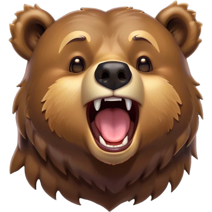 Cinematic Cute Yawning Grizzly Bear Portrait Emoji, Head tilted slightly with a dramatic, wide-open yawn, showcasing a thick, rugged deep brown fur with drooping ears, round eyes barely open in drowsy contentment, Simplified yet irresistibly adorable features, highly detailed, glowing with a soft, cozy glow, high shine, relaxed yet expressive, stylized with a touch of wild whimsy, bright and endearing, soft glowing outline, capturing the essence of a sleepy yet affectionate grizzly, so drowsy it feels like it could stretch out of the screen and curl up for a nap! emoji