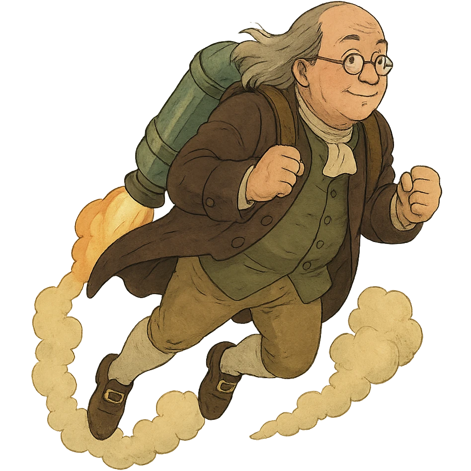Ben Franklin flying with a jetpack emoji