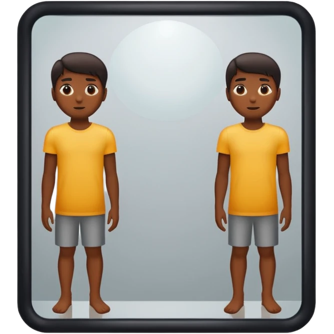 Minimalist emoji-style sticker of a person standing before a mirror, but the reflection is moving differently. Black and gray icon.
 emoji