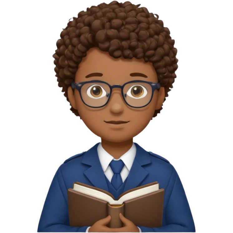 Boy student wearing uniform, glasses, hold book in front of their chest, brown curly hair, dark skin emoji