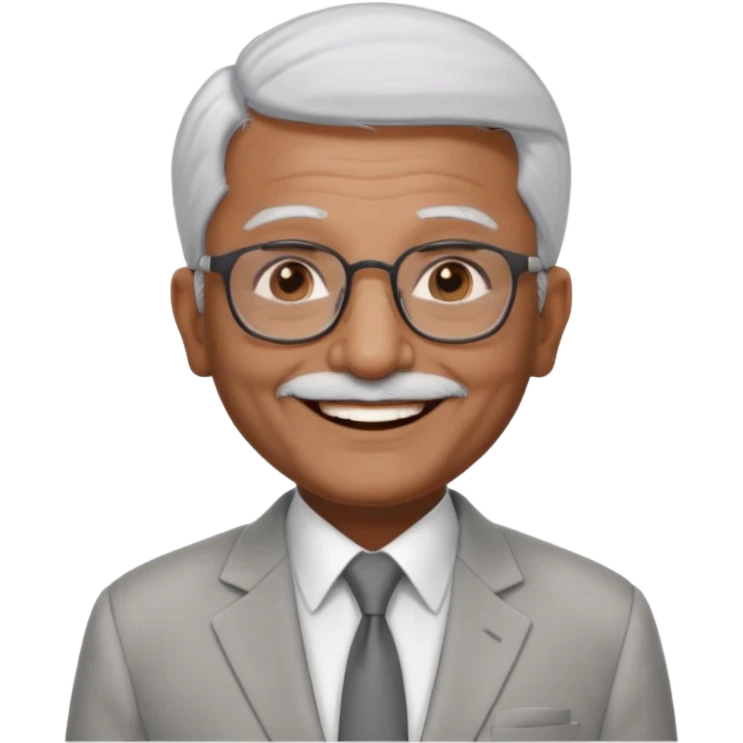 70 yr old indian man, short straight white hair brushed foreward , light grey business suit, big smile, dark brown skin, no moustache, dark brown eyes, glasses
 emoji