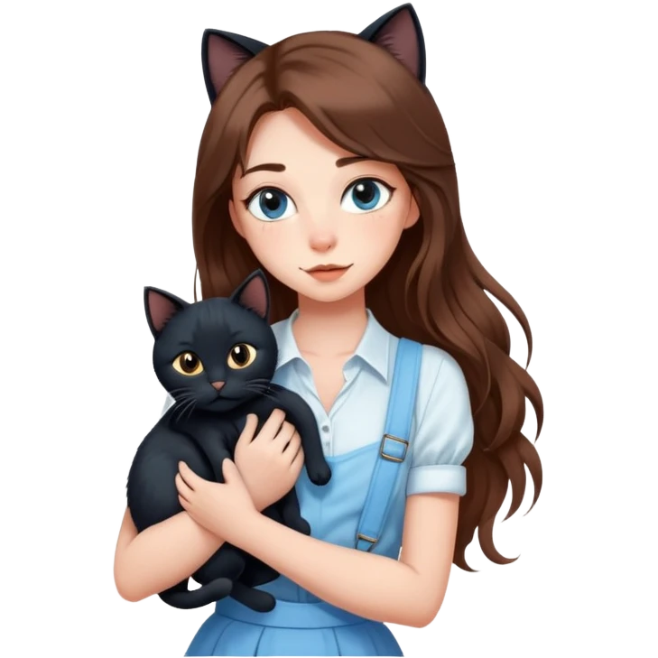 A sexy girl with long hair wearing a light blue suspender skirt hugs a black cat tightly emoji