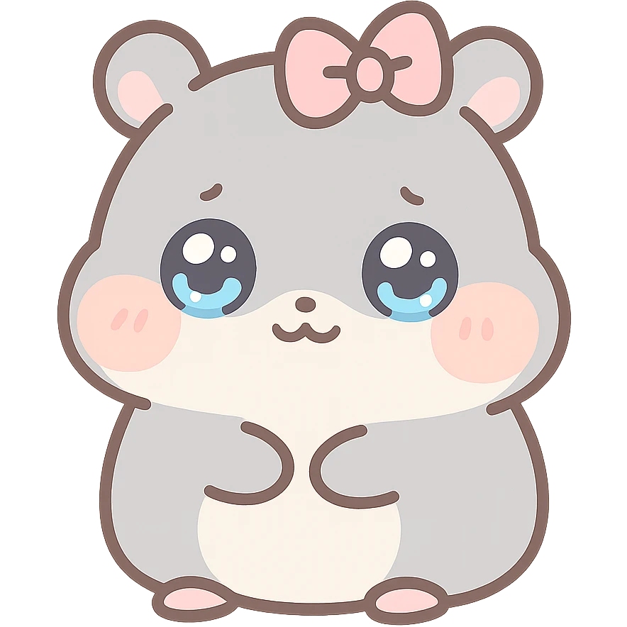 a small, round gray hamster with watery eyes and a pink ribbon on its head, kawaii style emoji