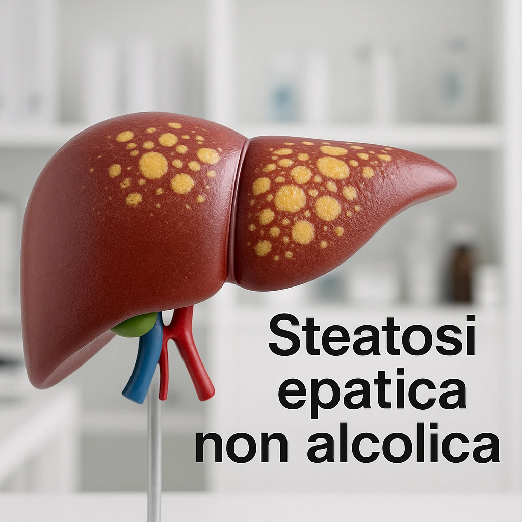 close-up of an anatomical liver model with yellow and white areas showing steatosis, medical environment, Italian text 'Steatosi epatica non alcolica', 4K quality emoji