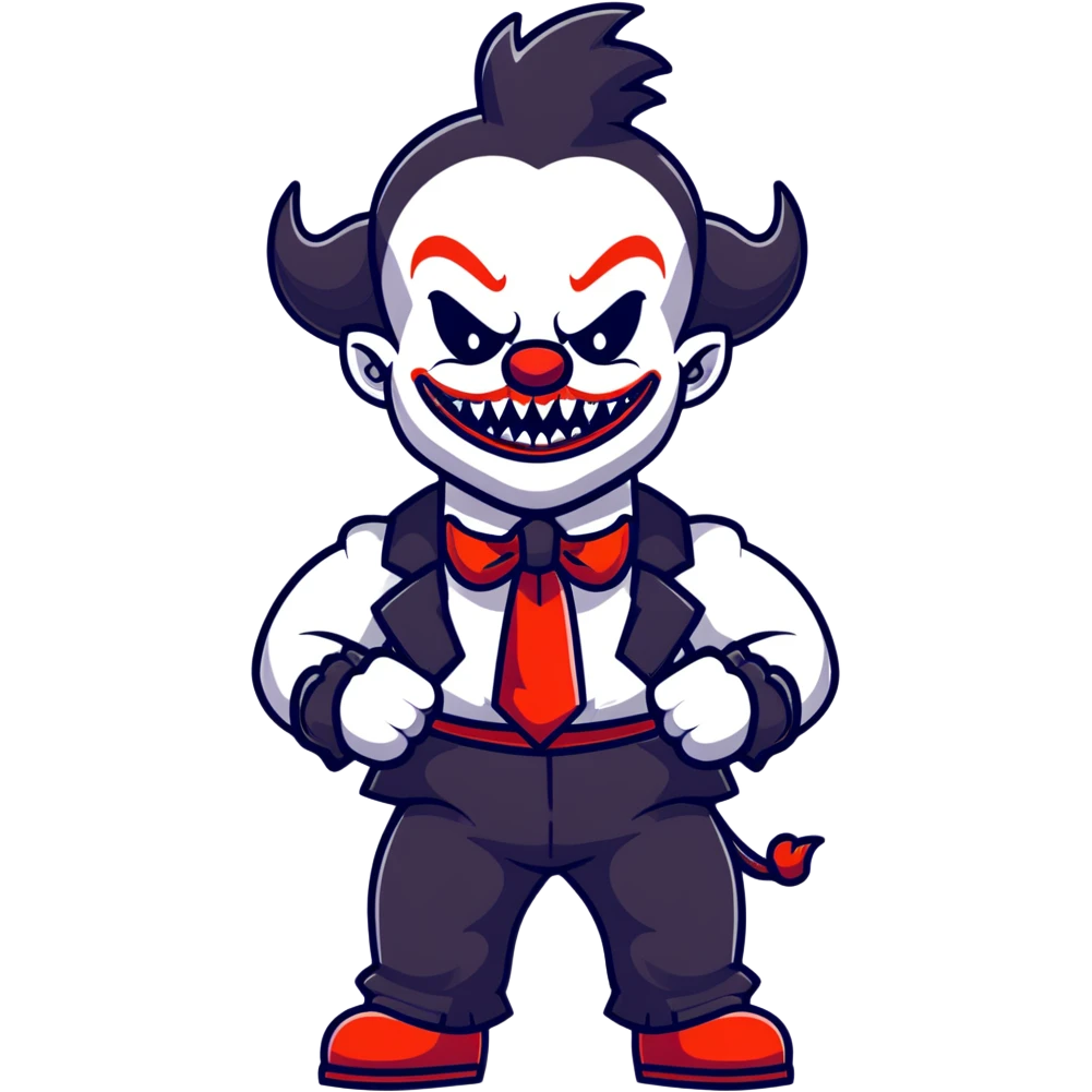 full-body muscular demonic clown in black and white leisure suit with bellbottom pants, bald, black ram horns, flashy black and white belt, ruffled white shirt, no neck tie, large fangs, cartoon sticker style emoji
