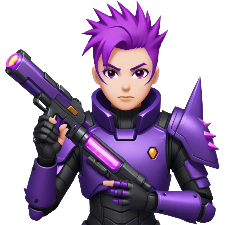 A space bounty hunter with spiky purple hair, black armored suit, and a glowing plasma gun. emoji
