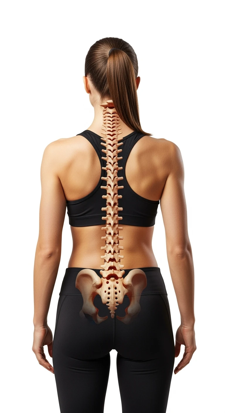 donna fitness di spalle con spina dorsale anatomica realistica in evidenza, sfondo bianco emoji