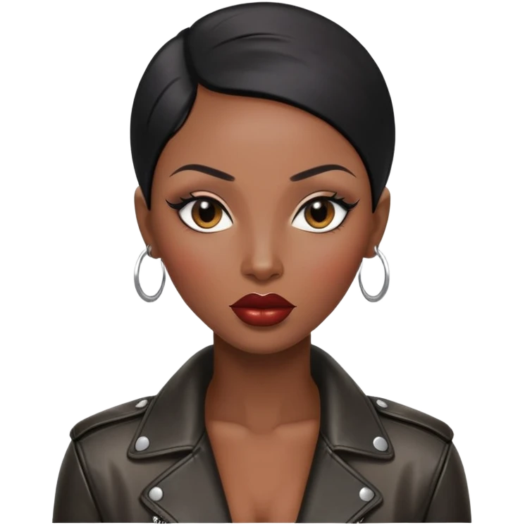 Gorgeous woman shiny black hair no eyebrows leather jacket Alluring black woman wide nose bald head big glossy lips emoji